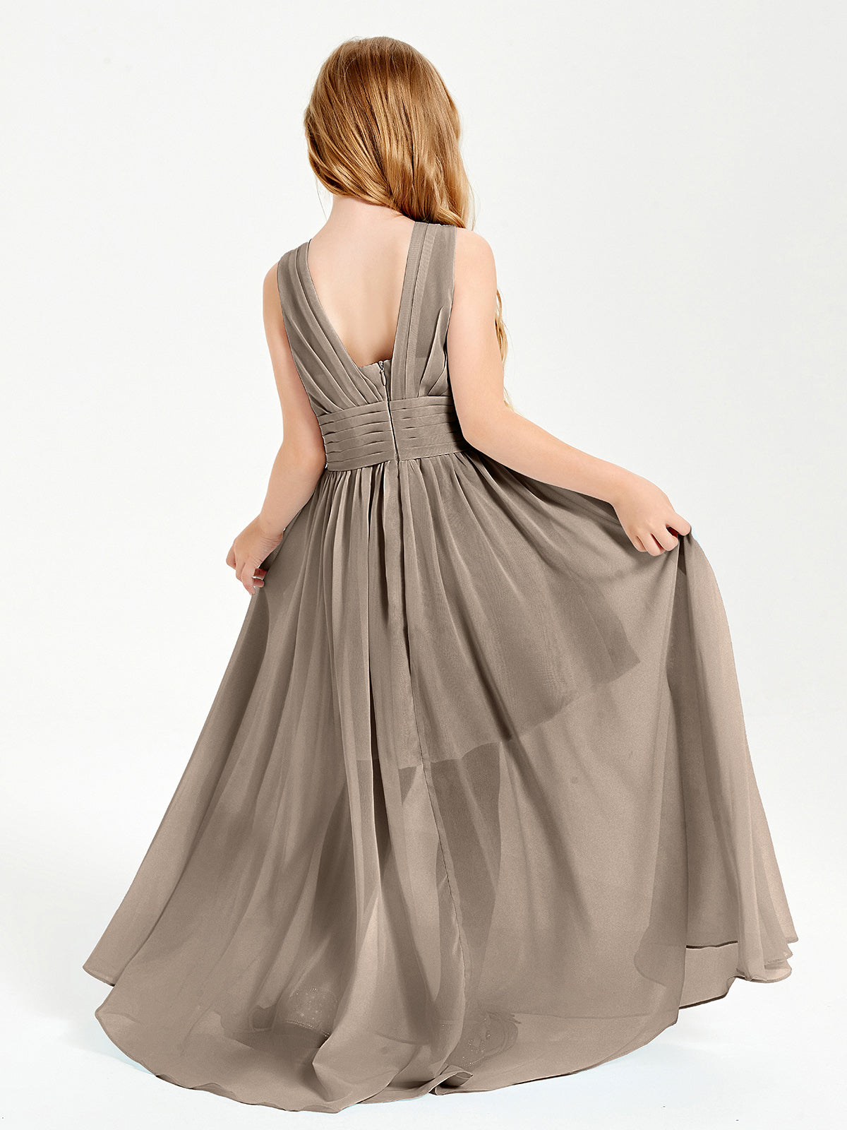 Long V-neck Junior Bridesmaid Dresses Taupe